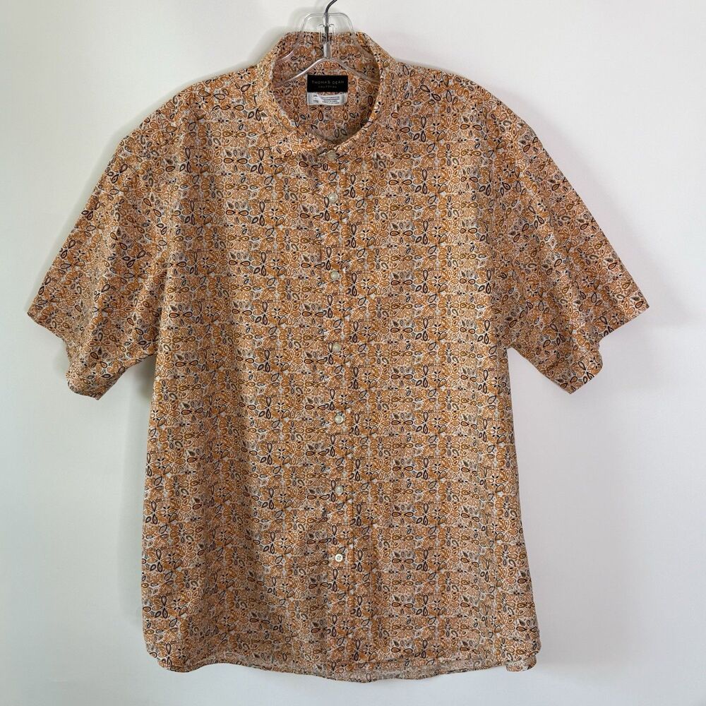 Thomas Dean Collection Button-Down Short Sleeve Shirt Mens XXL Orange Black Rust